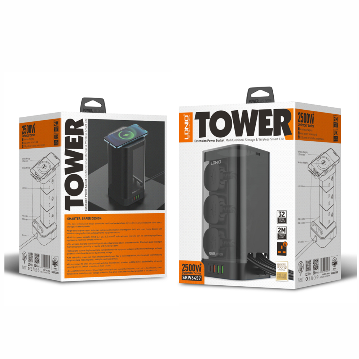 LDNIO SKW6457 2500w Tower Extension Socket